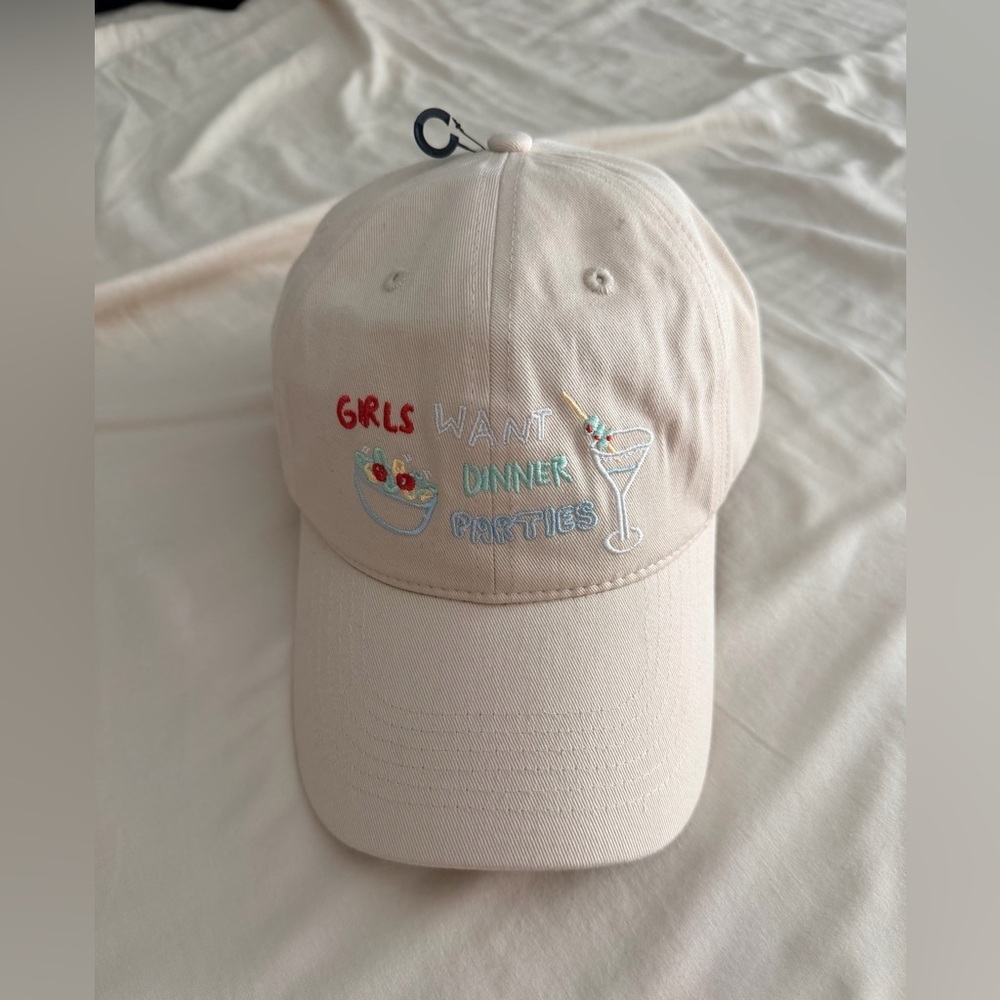 Anthropologie cream girls just want dinner party’s baseball hat nwt